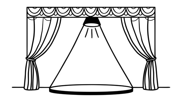 A minimalist black outline drawing depicting a theater stage with curtains and a single spotlight