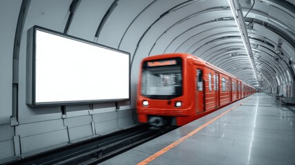 Fototapeta premium Subway Train Arriving at Station with Blank Billboard for Advertising Mockup in an Urban Transit System