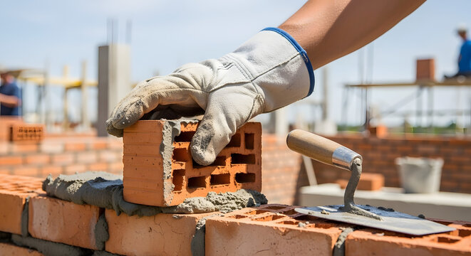A person wearing gloves places a brick on top of a wall at a construction site; construction work. Generative AI