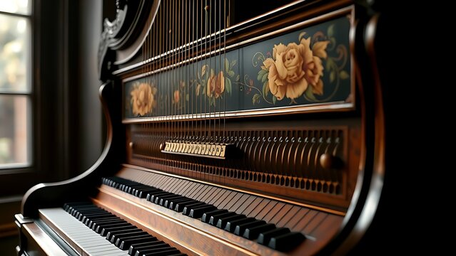harpsichord. Side view of an antique harpsichord with ornate painted soundboard and floral motifs. event programs, museum guides, designed for cultural heritage projects and event programs.