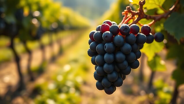 generality. A single cluster of Cabernet Sauvignon grapes glistening with dew in a vineyard under soft sunlight. gardening catalogs, home-decor guides, designed for home decor and floral branding.