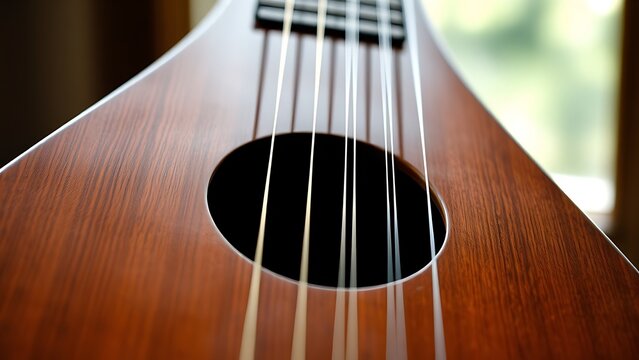 pipa. A close-up of an elegant rosewood pipa with four silk strings, showcasing its graceful curves and rich wood grain. event programs.