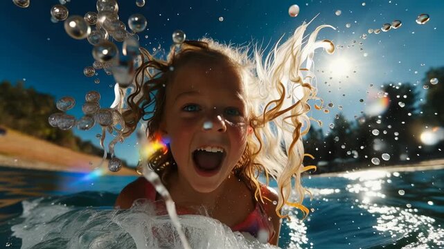 Happy girl splashing water background telling joyful childhood story creating summer vacation lifestyle inspirational cinematic sun rays