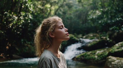Naklejka premium Woman Meditating Outdoors in Lush Forest Environment for Wellness and Mindfulness Concepts