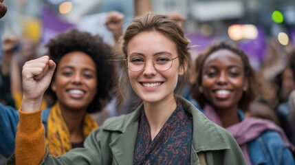 Obraz premium International Womens Day protest march with empowered women holding equality signs, social movement, activism, human rights, feminist solidarity, justice advocacy, change, and contemporary