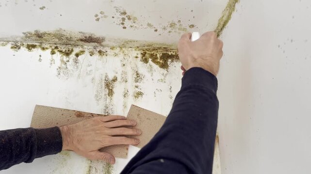 Man spraying bleach cleaner on moldy wall while holding paper towels. Removing mold from damp corner wall, household cleaning and disinfecting process in home interior