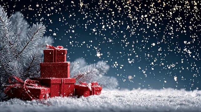 Snowy Christmas Gifts and Pine Branches