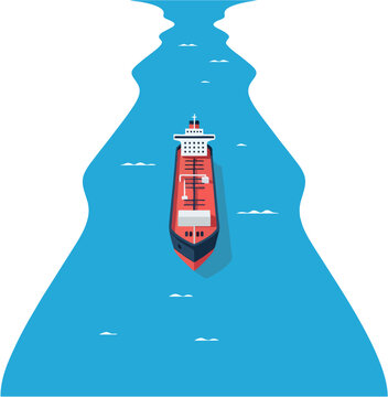 Cargo tanker ship transporting goods through a water canal