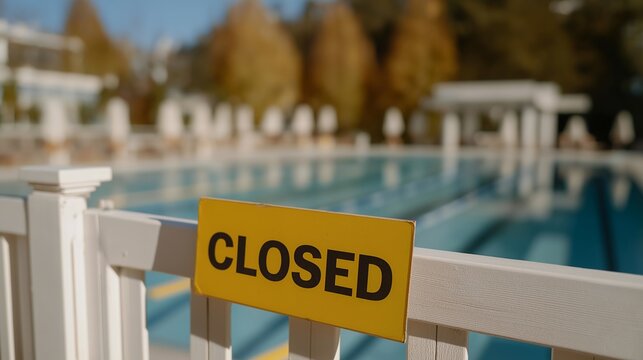 "Closed" sign on a community swimming pool gate with summer chairs stacked behind fence in autumn, perfect for seasonal closure concept, end of summer atmosphere, community facility, modern