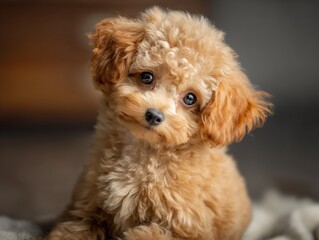 Adorable Toy Poodle Puppy with Curious Expression, Golden Brown Fur, Canine Companionship and Lovable Animal Portrait