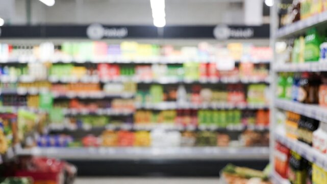Blurry image of a grocery store with a sign that says "Taste". The store is filled with various food items, including a large selection of vegetables