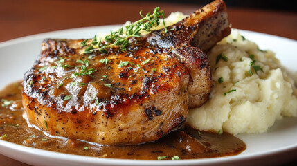 Pan seared pork chop with savory brown gravy and creamy mashed potatoes
