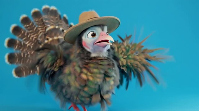 Playful turkey character doing a hopping dance, pilgrim hat wobbling on its head, festive Thanksgiving vibe, simple blue background, cute animated style