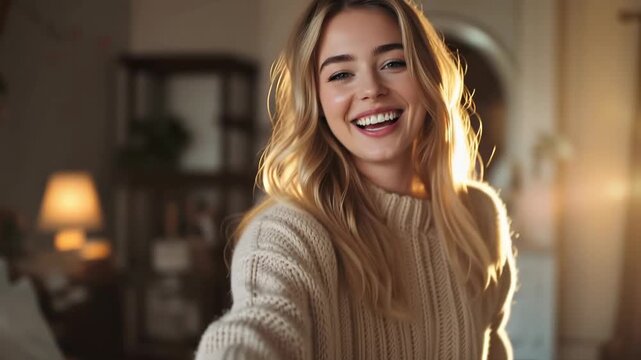 Woman cozy sweater bedroom background unboxing home smiling beauty lifestyle warm knitwear morning happiness portrait soft autumn winter golden hour