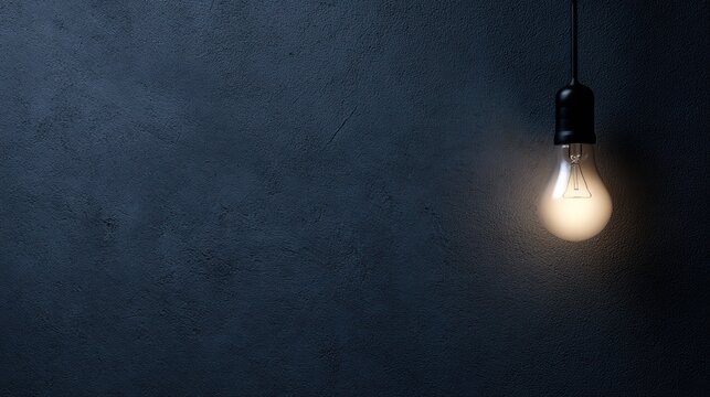 Minimalist photography of a single lightbulb glowing brightly on a dark textured wall, idea and creativity concept