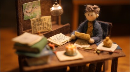 A felted wool figure of a financial analyst studying charts, handcrafted with soft fibers, uneven stitching, and visible textures, set within a miniature diorama of a desk with tiny felt graphs and do