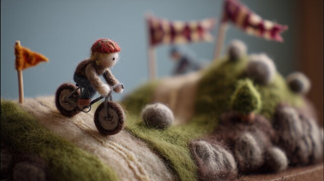 A felted wool figure of a cyclist racing on a bicycle, handcrafted with soft fibers, uneven stitching, and visible textures, set within a miniature diorama of a felt road track with tiny hills and rac