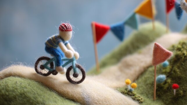 A felted wool figure of a cyclist racing on a bicycle, handcrafted with soft fibers, uneven stitching, and visible textures, set within a miniature diorama of a felt road track with tiny hills and rac