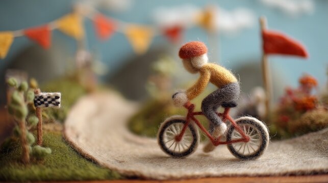 A felted wool figure of a cyclist racing on a bicycle, handcrafted with soft fibers, uneven stitching, and visible textures, set within a miniature diorama of a felt road track with tiny hills and rac