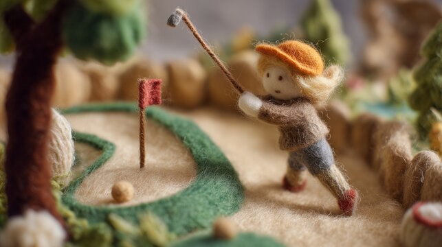 A felted wool figure of a golfer swinging a club, handcrafted with soft fibers, uneven stitching, and visible textures, set within a miniature diorama of a felt golf course with a small flag and sand 