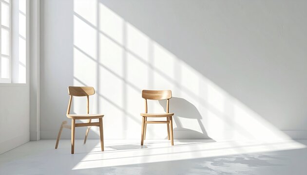 Two wooden chairs sit in a bright white room with natural light streaming through a large window.