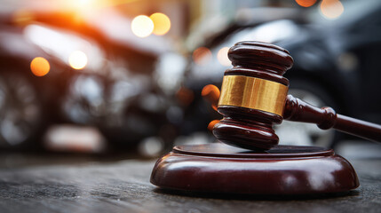 Gavel on wooden surface with car accident scene in background
