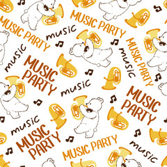 Whimsical Music Party Pattern with Bear and Tuba. Perfect for kid music events, playful designs, and creative musical-themed projects © F-lin