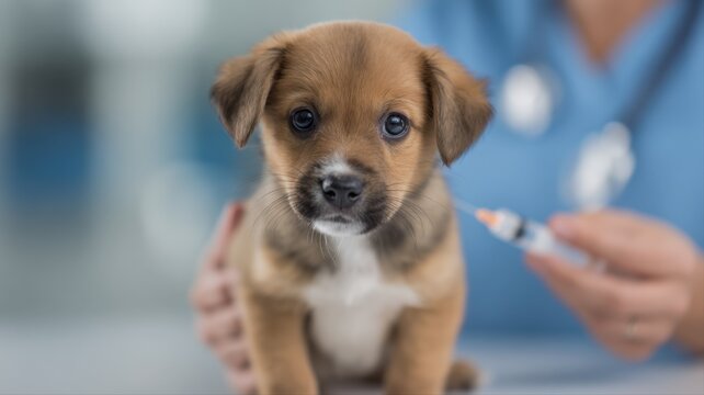Puppy getting vaccinated by veterinarian in clinic, preventative healthcare for young dogs, animal healthcare concept