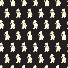 Walking Bear in Blue Tie Cartoon Pattern. Perfect for playful animal-themed textiles, kid products, packaging, and surface design. © F-lin