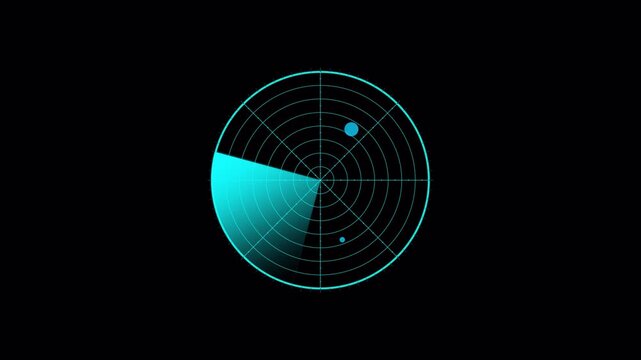 Blue cyber radar sweep animation with luminous scanning beam and futuristic monitoring interface. Smooth circular motion for sci-fi technology visuals. Includes alpha channel and seamless loop.