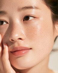 Fototapeta premium 透明感のある素肌の女性の顔アップ。美容やスキンケアのイメージ素材