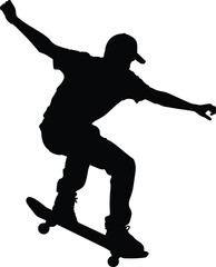 Professional skateboarder performing jump trick silhouette vector illustration, extreme sports athlete for urban street culture design © Sume
