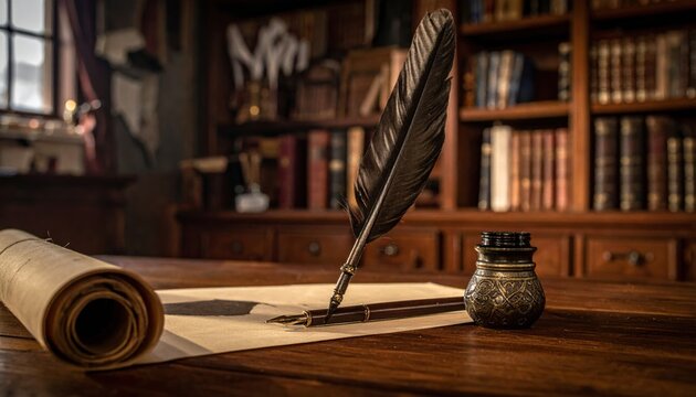 Antique bronze inkwell with quill pen and parchment scroll on a wooden desk, evoking classic literature and historical writing.