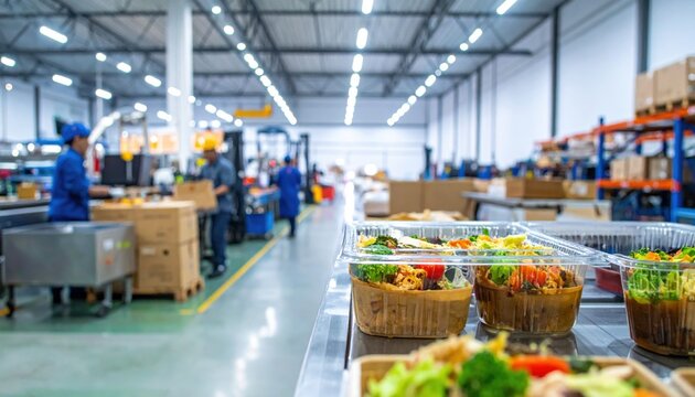Automated food distribution hub showcasing efficient sorting and packaging of meals in a large warehouse facility
