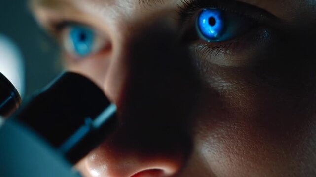 A person closely examining a specimen through a microscope in a laboratory setting close-up view