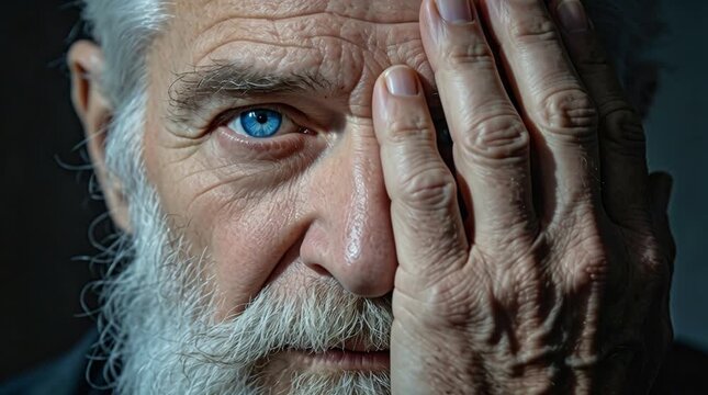 Anciano cubre una parte de su cara con su mano