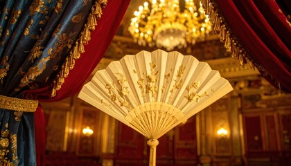 Exquisite carved ivory fan with delicate floral motifs displayed against a luxurious backdrop of a grand interior with a chandelier