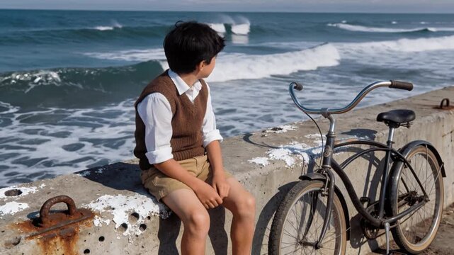 Niño sentado sobre un viejo muro de concreto frente al mar