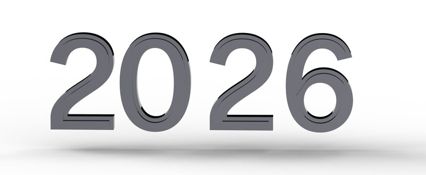 2026 year number illustration. 3D rendered gray figures on white background. New year, future concept, anticipation, tim