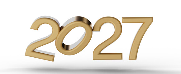 3D render of the year 2027 in gold on a white background, perfect for new year greetings and future planning. © vegefox.com