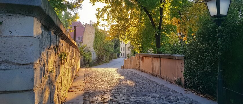 Cobblestone path through a European town at golden hour. Sunlight streams through trees onto a stone-paved walkway