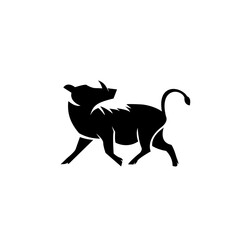 Fototapeta premium Black silhouette of a wild warthog walking in profile, showcasing its distinctive tusks and mane.