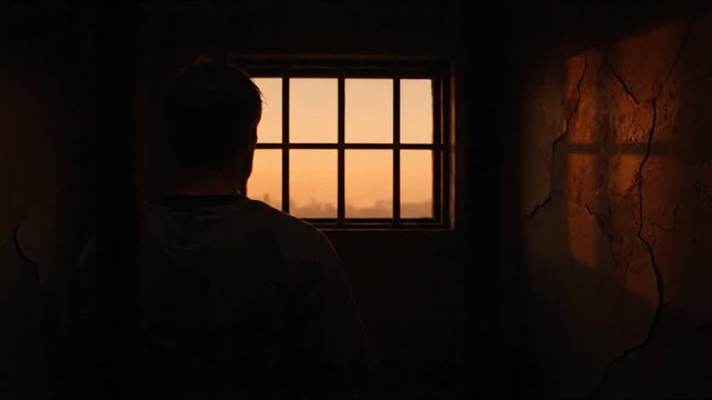 A man looks out a barred window in a dark room, contemplating his fate in a prison cell.