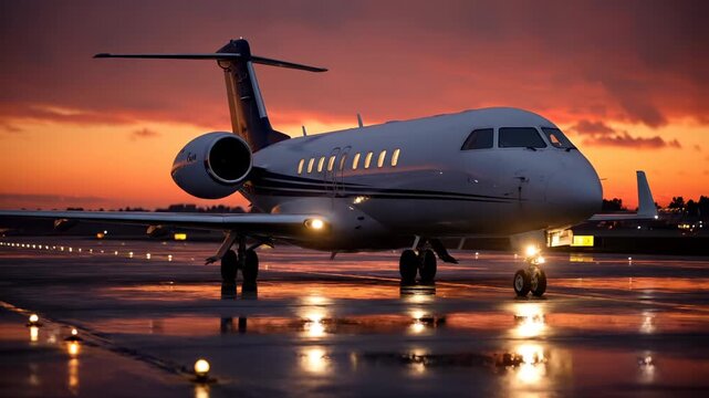 Private jet on runway at sunset. Executive airplane waits near boarding door. Wet surface creates bright reflection on tarmac. Luxury travel arrival suggests evening operation. Warm glow reflects.