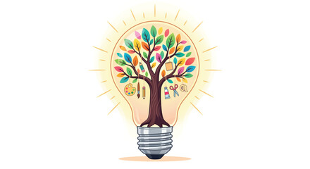Creative tree growing inside a light bulb with art and craft tools hanging from branches. Concept of inspiration, education, and creative thinking vector illustration.