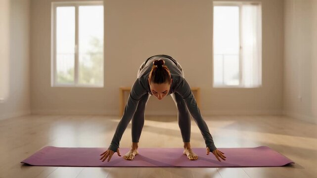 Young woman performing yoga and stretching exercises in a bright studio. Fitness and wellness routine for physical and mental health