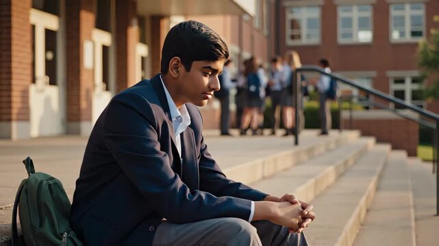 Sad schoolboy sitting alone on steps outside school building. Lonely student feeling excluded while classmates socialize in the background. Bullying and social isolation concept