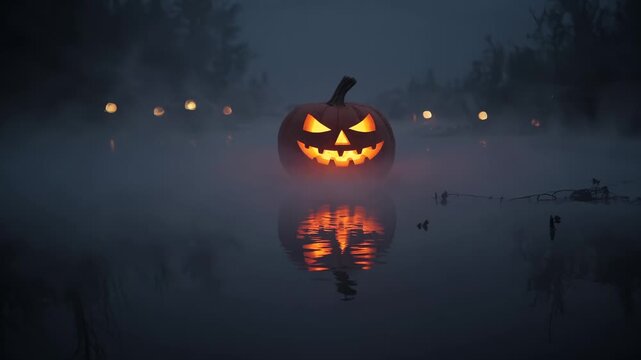 Glowing jackolantern floats on misty lake. Pumpkin reflection glows on dark water. Fog drifts across silent night. Distant carved pumpkin lights create spooky halloween horror. Shoreline haunts still.