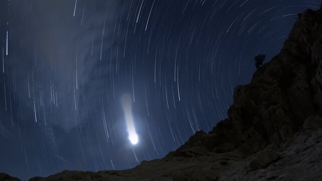 star trails shot on action camera,Wadi Rum Desert Jordan sky night panorama time lapse Arabia mountains in desert	