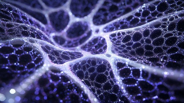 Glowing purple neural network with interconnected nodes and pathways in a dark background representing artificial intelligence and data transmission